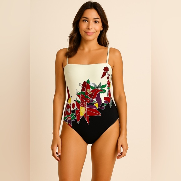 Gottex Vintage Swimsuit One Piece Floral Graphic Removable Strap Beach Sz 12 - Picture 1 of 5